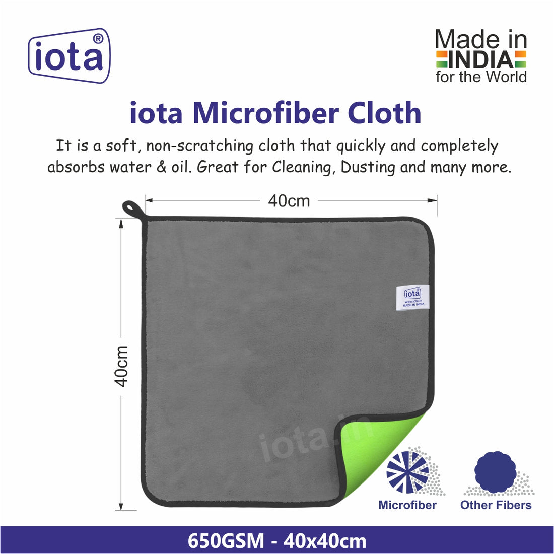 iota Microfiber Premium Cloth 40x40 650GSM for Car & Bike Cleaning - Ultra Absorbent & Lint-Free Polishing And Detelling